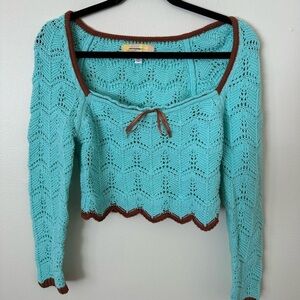 Urban Outfitters Medium Crochet Blue Top with Brown Trim